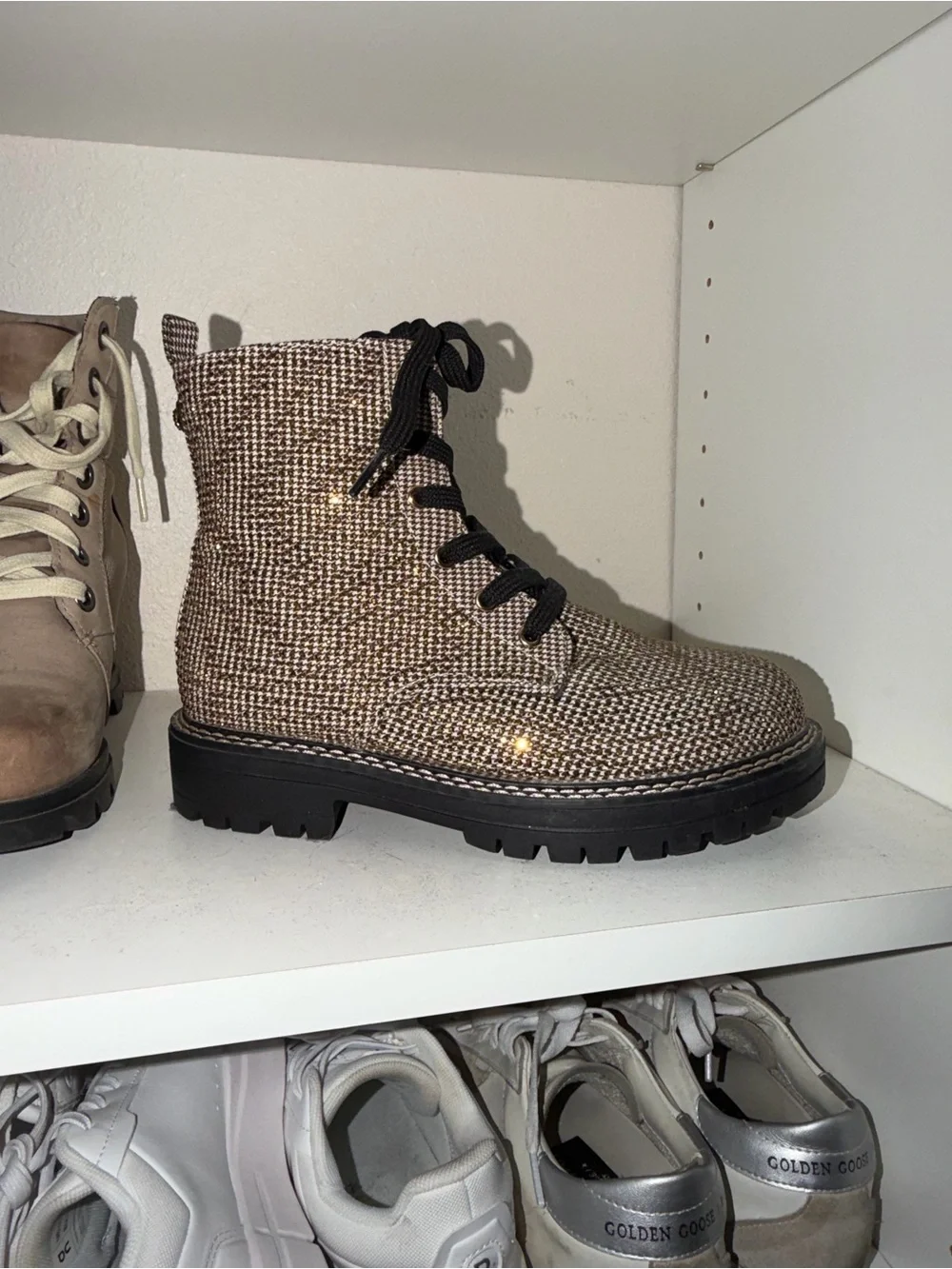 Kurt Geiger Woven Knit Lace-Up Boots in Black and Tan